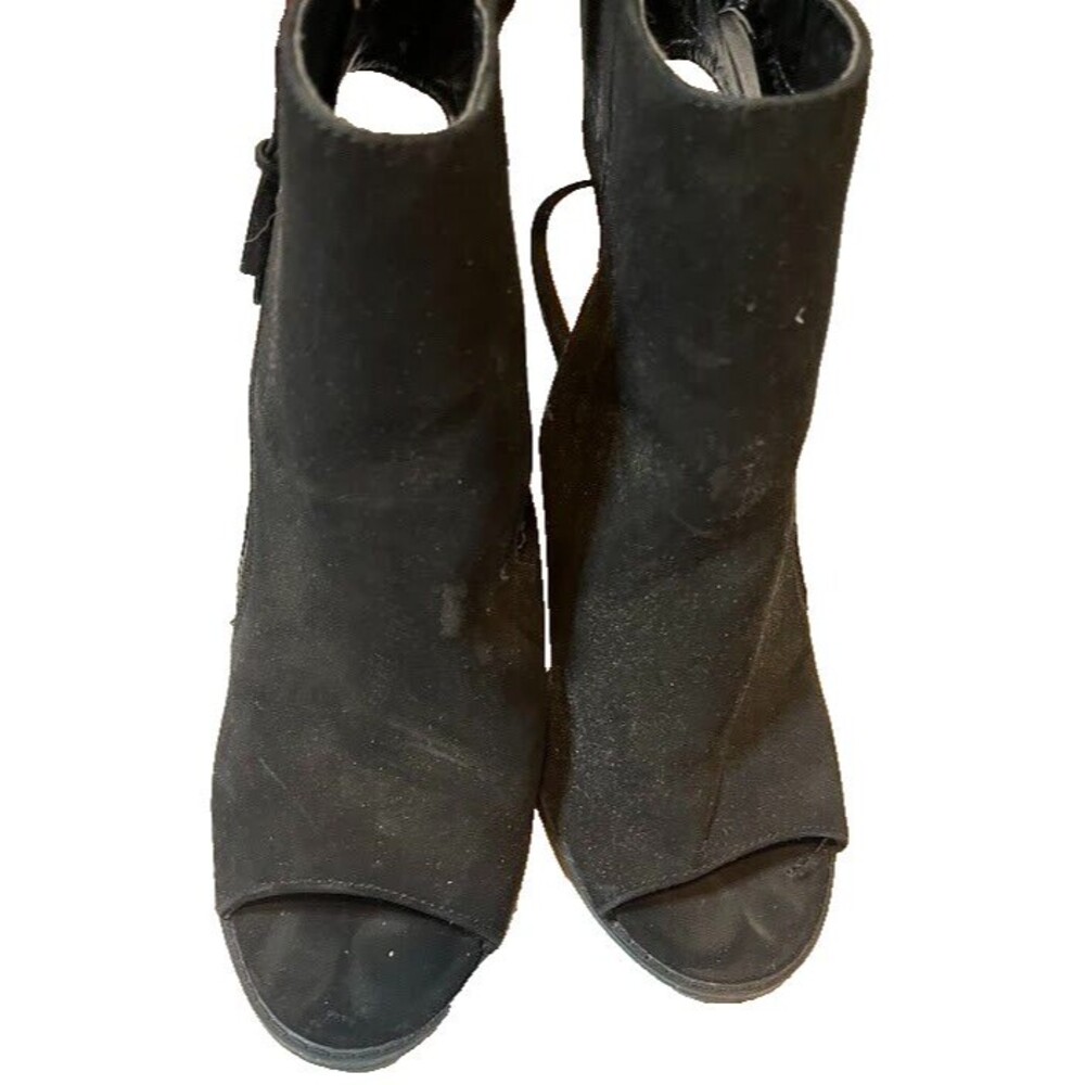 Rue 21 Peep Toe Open Heel Black Business Casual 4" Stacked Heel Booties SZ 6